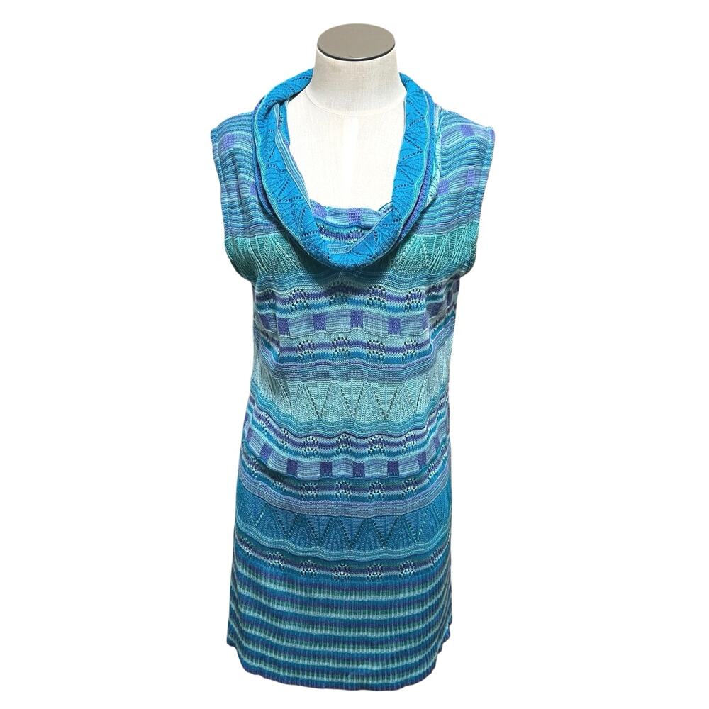 Willi Smith Womens VTG Y2K Aqua Crochet Cowl Neck Sleeveless Tunic Sweater Sz M